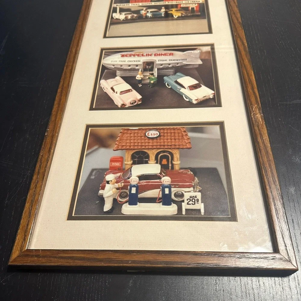 Vintage 1950s Americana Diner and Gas Station Framed Wall Art Diorama Photos